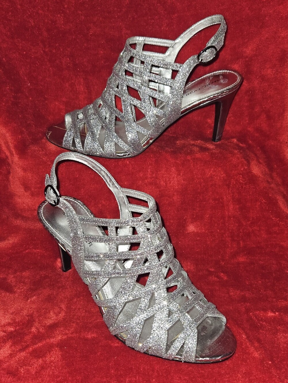 Marc Fisher Silver Glitter Strappy Slingback Heels - Size 9.5